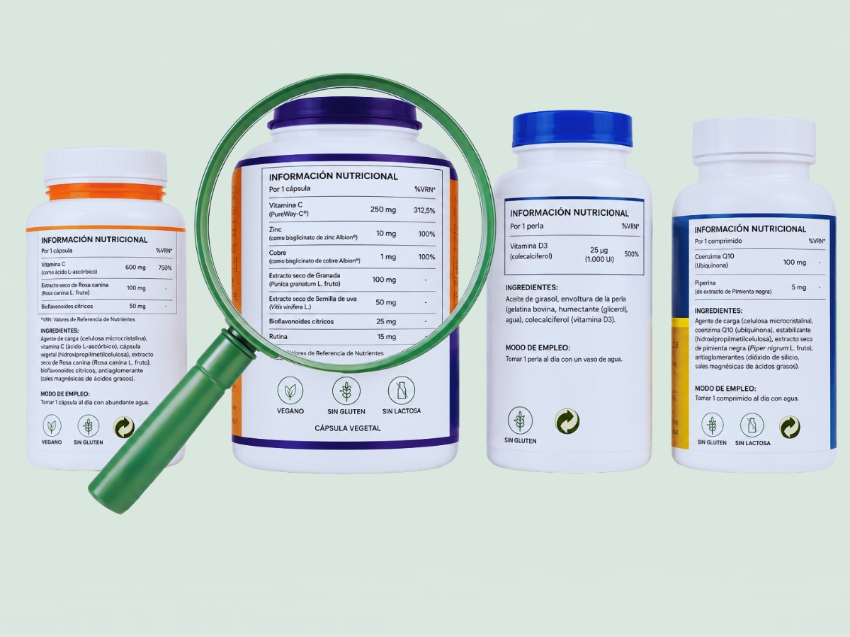 Botes de suplementos con lupa examinando la etiqueta